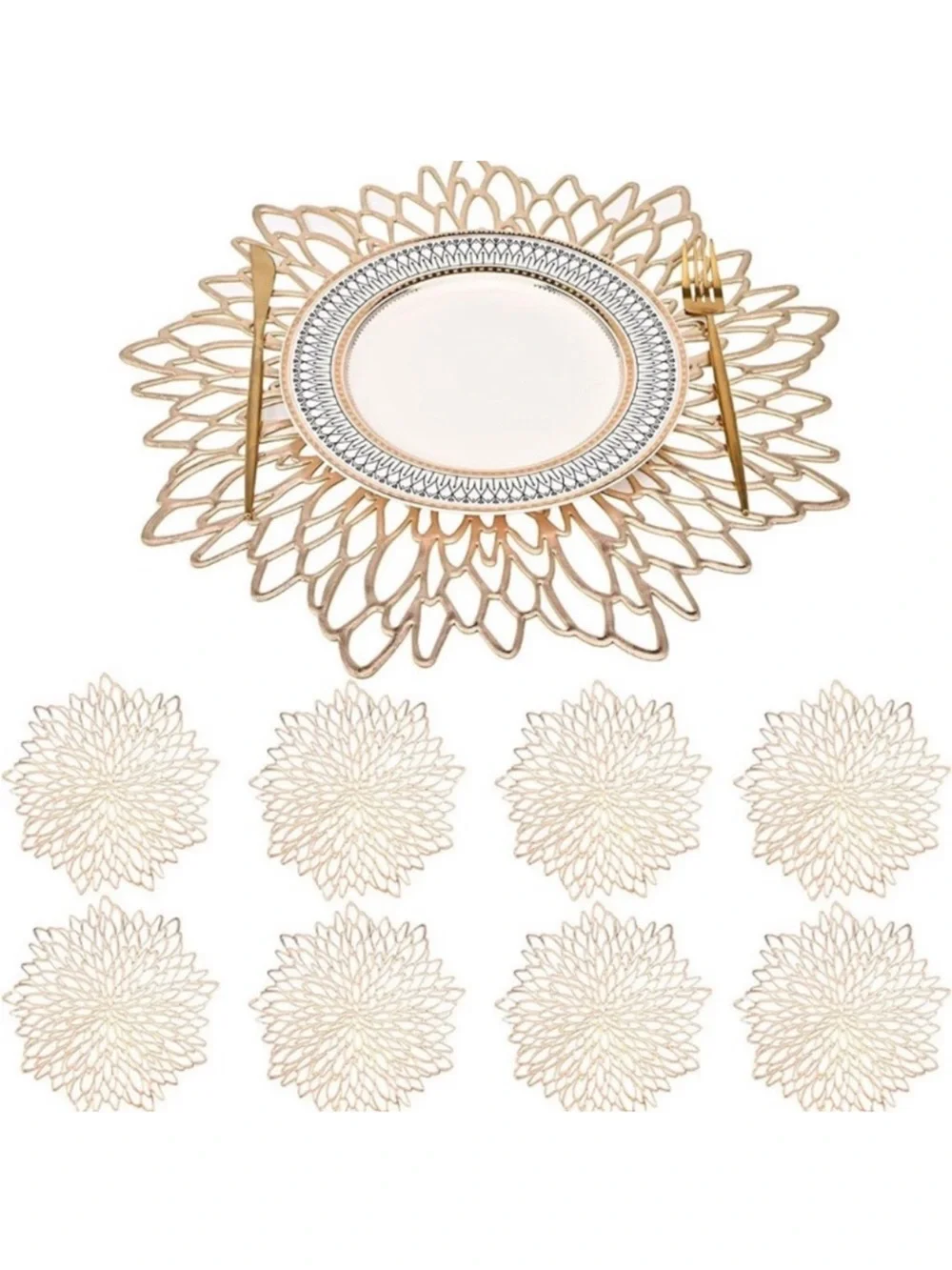 Gold Vinyl Placemats Set of 8 Round Floral Leaf Dining Modern Table Place Mats